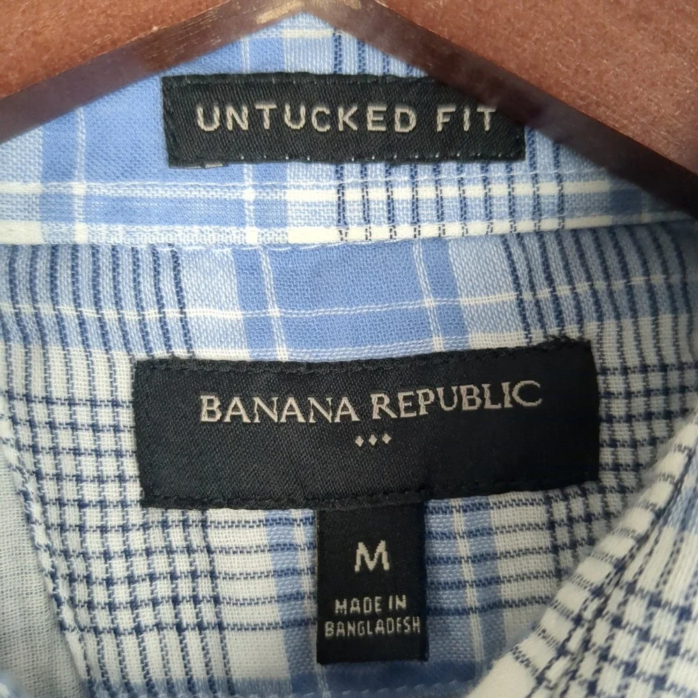 Banana‎ Republic Mens M Untucked Fit Plaid Blue White Long Sleeve